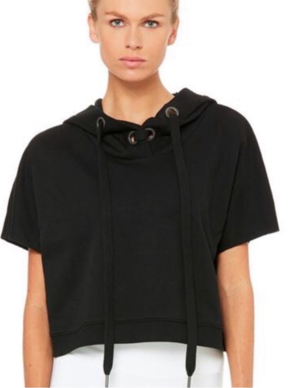 black Alo Yoga Realm short sleeve cropped hoodie top